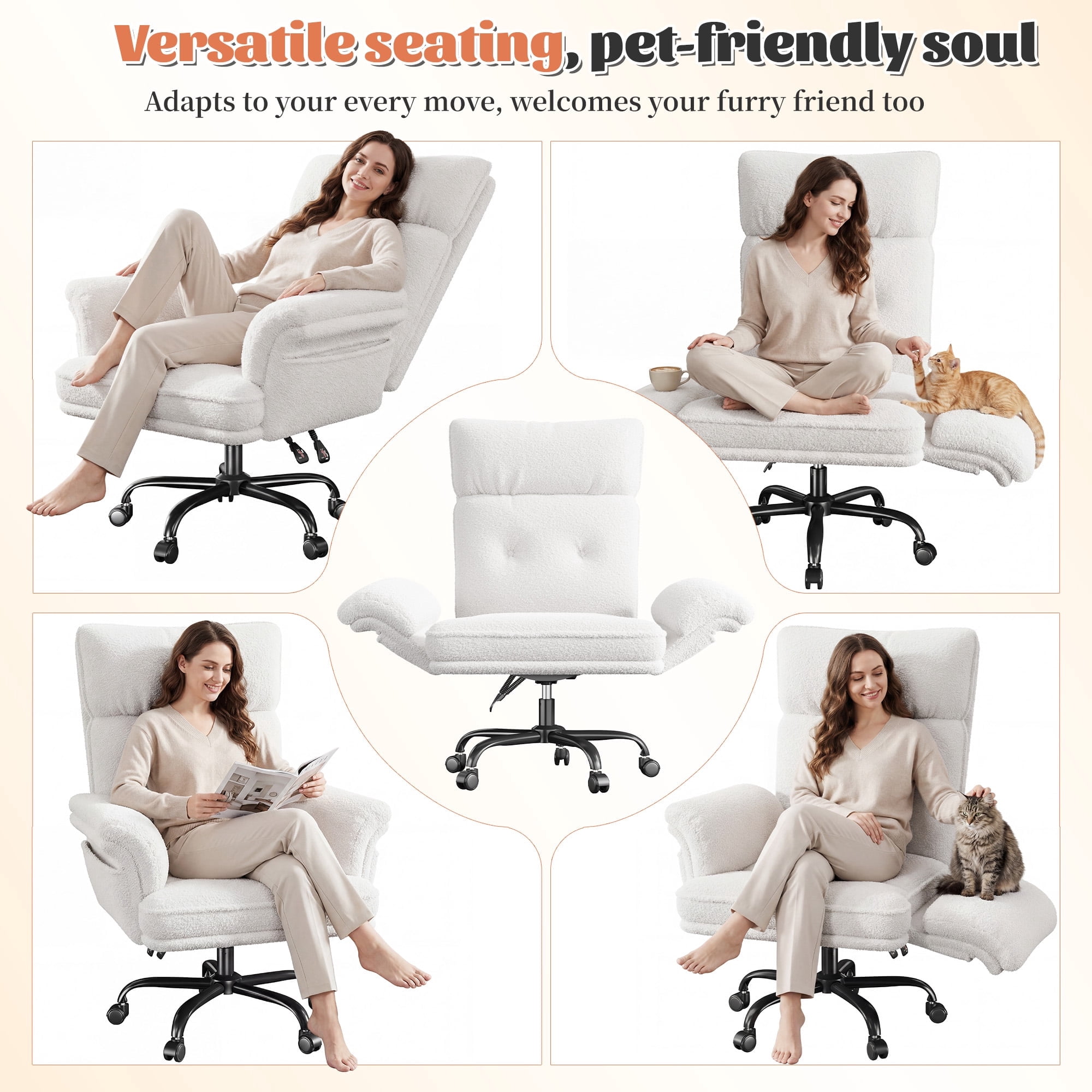 Romorgniz Criss Cross Chair with Armrests & Wheels Ergonomic Computer Gaming Chair with Two Side Pockets Teddy Plush Wide Seat Reclining Desk Chair for Home Office，White