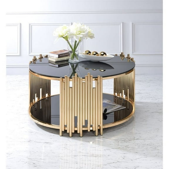 Bowery Hill Round Glass Top Coffee Table in Black and Gold