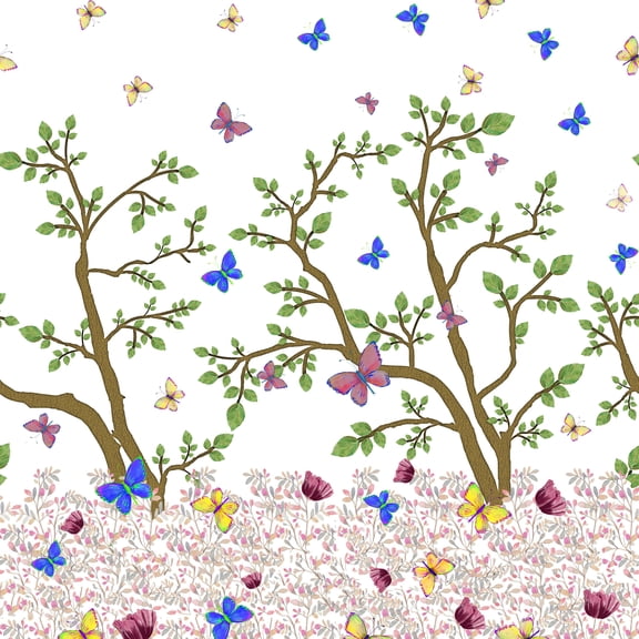 Soimoi White Japan Crepe Satin Fabric Insect & Tree Panel Print Sewing Fabric BTY 42 Inch Wide