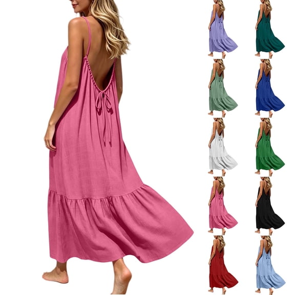 Women's Summer Maxi Dress Plus Size Solid Color Blackless Dress flowy Swing A Line Dress 2026 Casual Boho Sleeveless Spaghetti Strap Smocked Tiered Long Beach Sundresses for Women