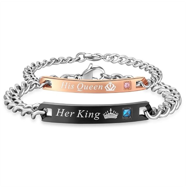 Pulsera personalizada de acero inoxidable para ella y para él Pulsera de pareja grabada 886 Negro + oro rosa