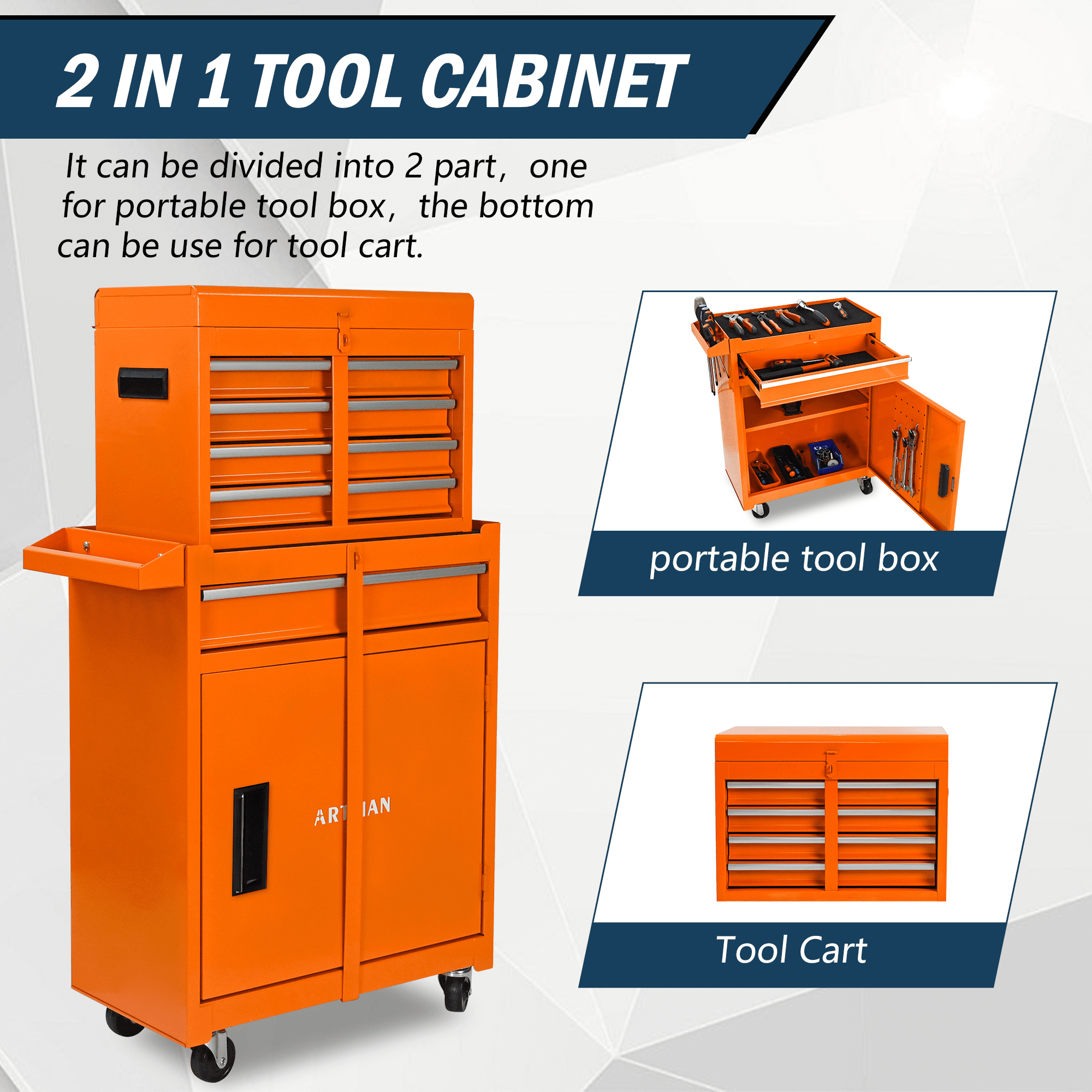 Tool Box, Seizeen Rolling Tool Chest, Stainless Steel Tool Box with Brake Wheels and 4 Drawers, Detachable Tool Cart, Orange