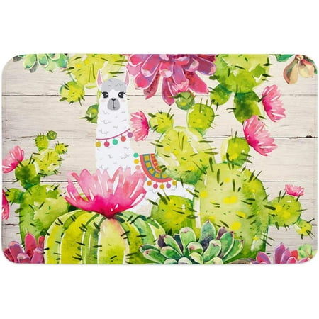 

Summer Alpaca Indoor Door Mat Anti-Skid Memory Foam Floor Mat Absorbent Entrance Rug Easy Clean Washable Doormat for Entryway Patio Front Door Watercolor Cactus with Wooden Grain 20x32 Inch