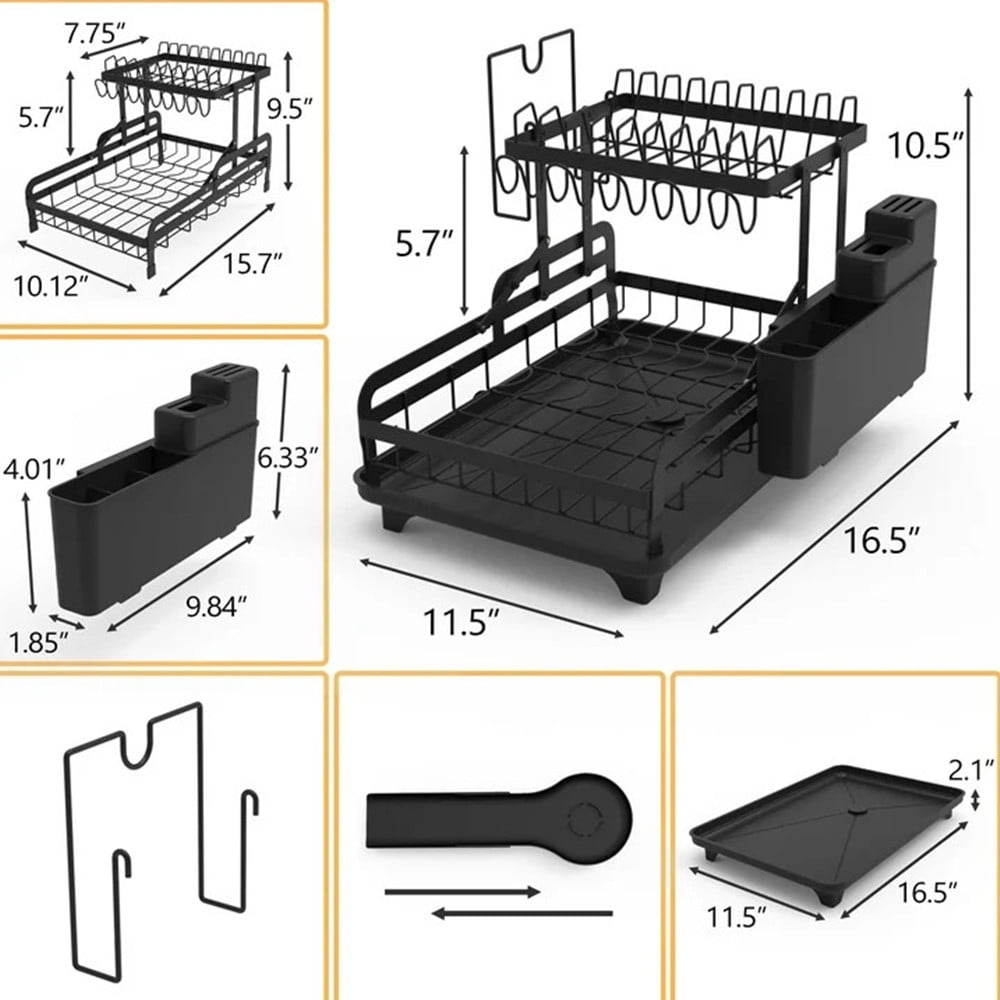 TEAFIRST 2 Tier Dish Drying Rack, Large Dish Rack and Drainboard for Kitchen Counter, 10.5'', Black
