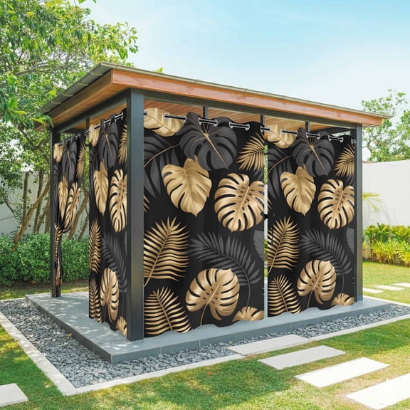Outdoor Curtains for Patio Waterproof, Black Golden Palm Leaf Outdoor Privacy Panels Grommet, Tropical Plant Modern Luxury Blackout Outside Curtains for Porch/Cabana/Pergola/Gazebo 54"x84", 2 Panels