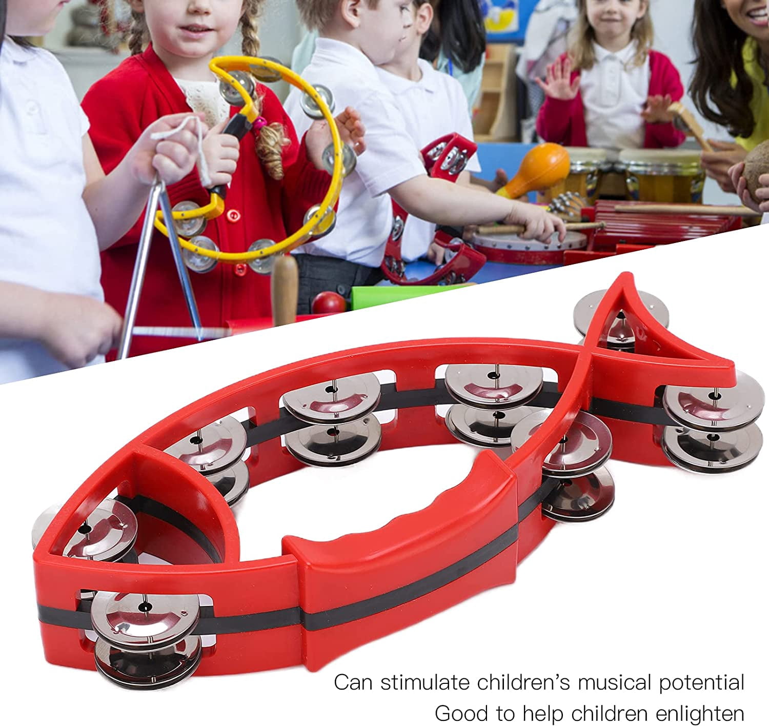 ABPETE Fish Shaped Hand Bell Hand Tambourine Bells Hand Shaking Percussion Musical Rhythm Instruments Smooth Fish Shaped Double Row Tambourines(Red)