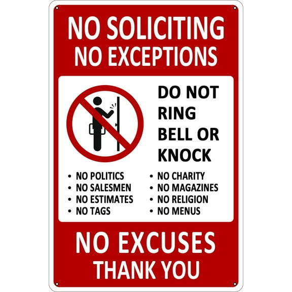 No Soliciting Tin Sign, Funny Decor for House Door Office Business Yard,Metal Tin Signs Rust Free, No Excuses, No Exceptions Do Not Ring Bell No Knock Sign - Size: 8 x 12 inch