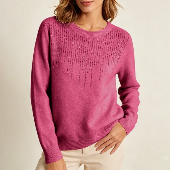 Samdudou Fall Sweaters for Women Rhinestone Fringe Embellished Crewneck Long Sleeve Pullover Tops Elegant Dressy Knitwear Sparkly Party Blouse Chic Winter Outfit Rhinestone Clothes