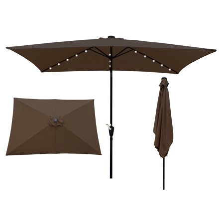 Rectangular Patio Umbrella with Solar Lights  10 x 6.5 FT Outdoor Umbrella with Crank and Push Button Tilt  Water Resistant  UV Resistant  for Backyard  Poolside  Chocalate
