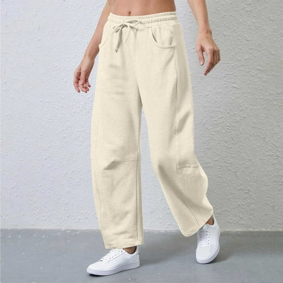 Admvng Women's Pants Solid Barrel Wide Leg Sweatpant Drawstring Elastic Waisted Wide Leg Pants Casual Baggy Sweatpants with Pockets S-2XL