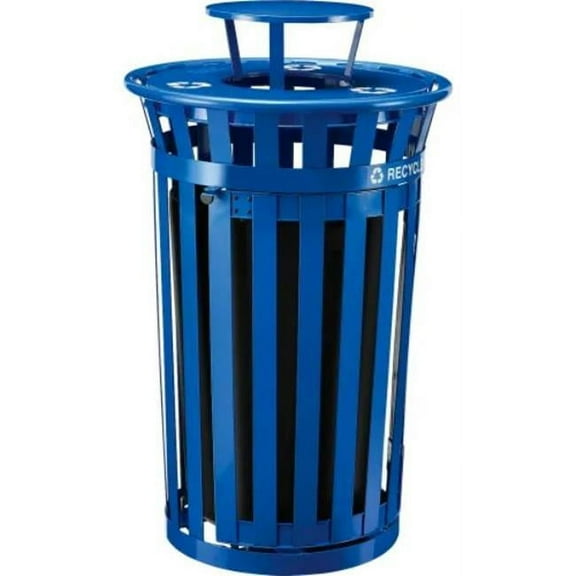 Global Industrial B3178684 Outdoor Steel Slat Recycling Trash Can - Access Door & Rain Lid - 36 gal - Blue