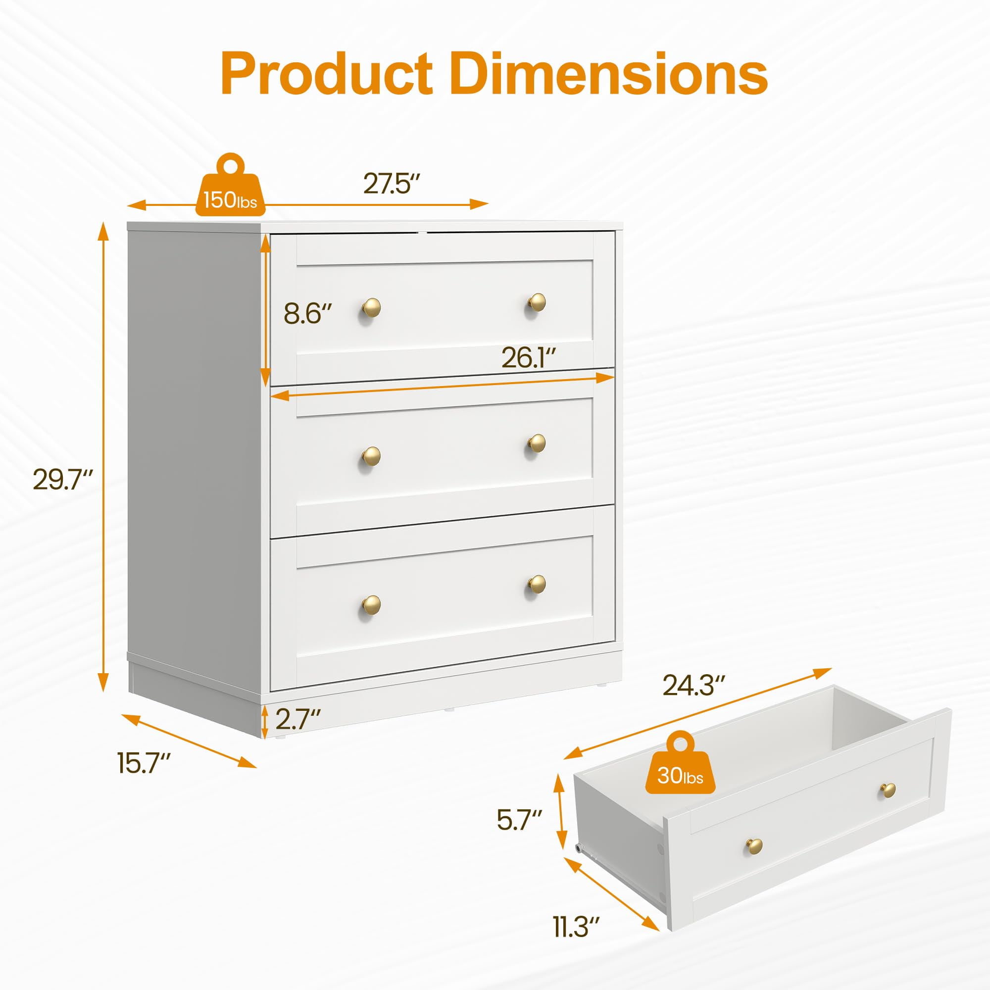 Heynemo Wood 3 Drawer Dresser, White Chest of Drawers with Gold Dresser Knobs, Modern Wide Dresser for Bedroom, Hallway, Entryway, Closets, Living Room
