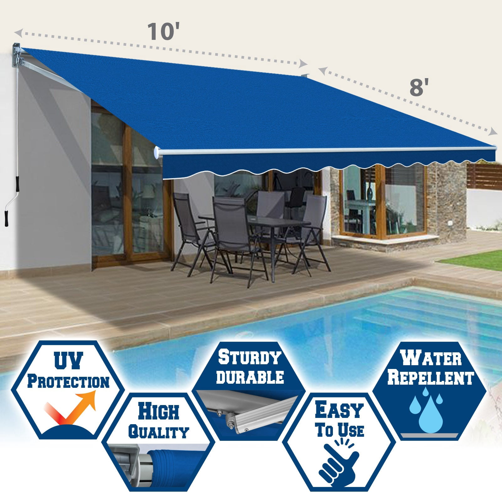 SUNNYOUTDOOR 10x8 FT Patio Awning Retractable Outdoor Sun Shade Manual Patio Deck Awning Heavy Duty Awning (Blue)