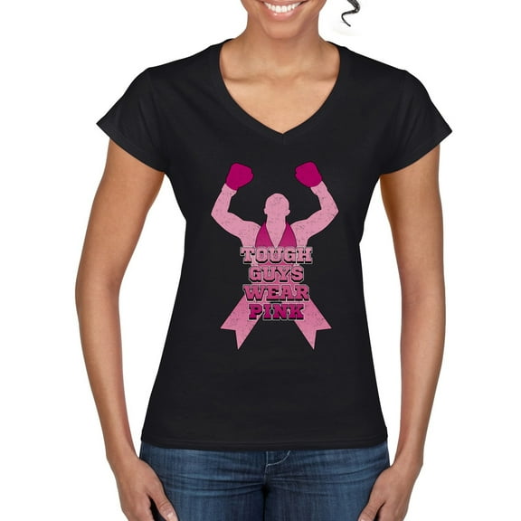 Wild Bobby Tough Guys Wear Pink Boxer Breast Cancer Awareness Women Standard V-Neck Tee, Black, Small