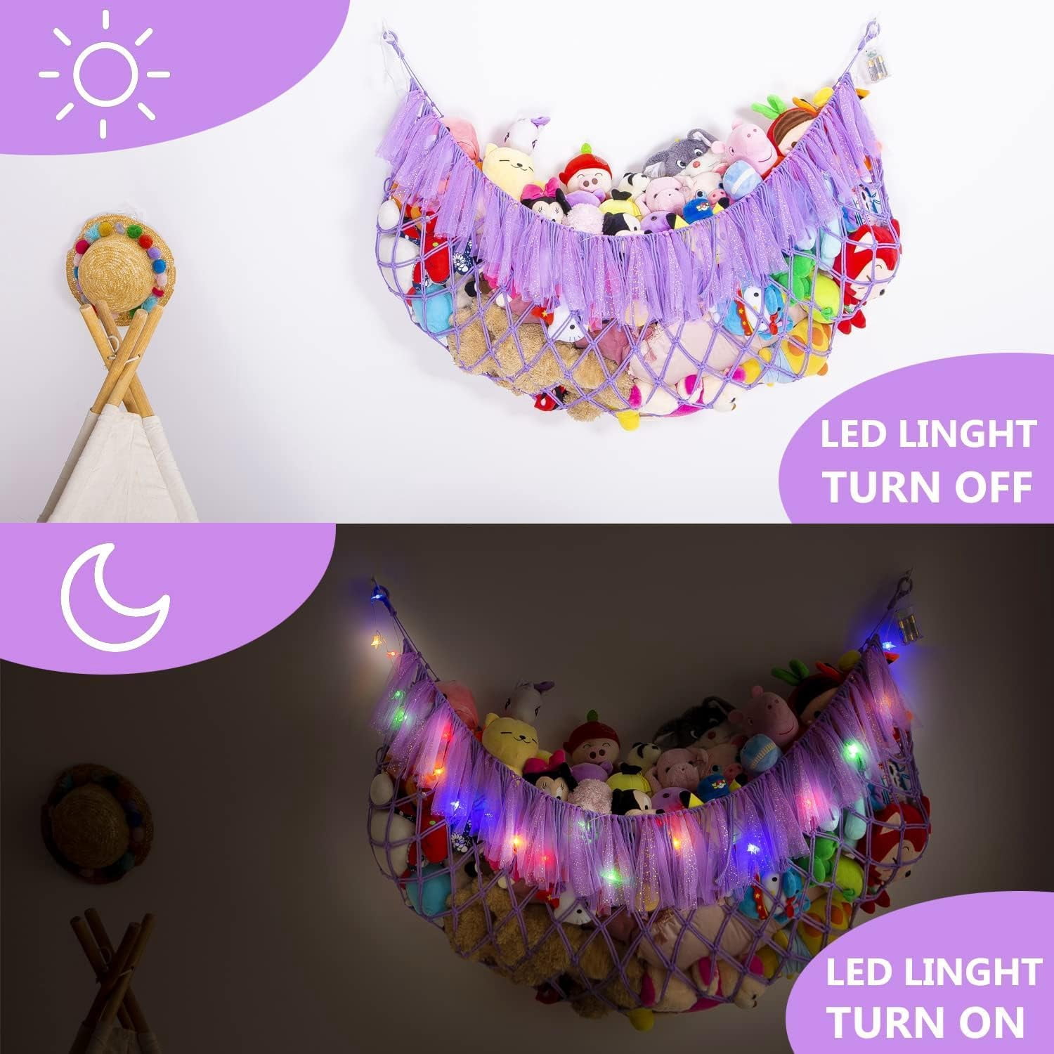 Large Stuffed Animal Net or Hammock with Led and Mesh Ribbon Wall Hanging Toy Net for Stuffed Animals Creative Stuff Animal Storage Ideas Macrame Toy Hammock Stuffed Animal Hammock-Purple