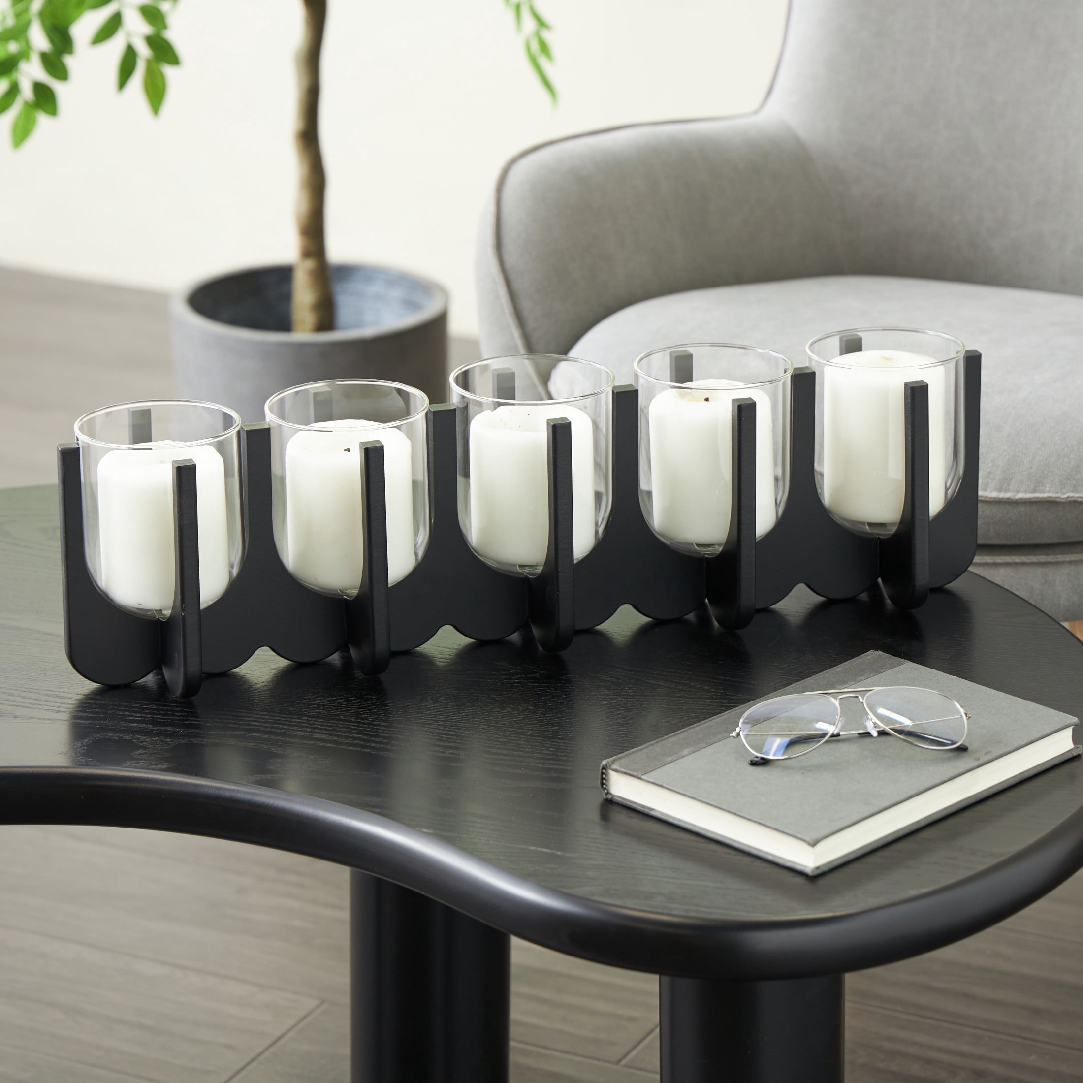 DecMode 5 Candle Black Wooden Rectangle Hurricane 5 Slot Candle Holder