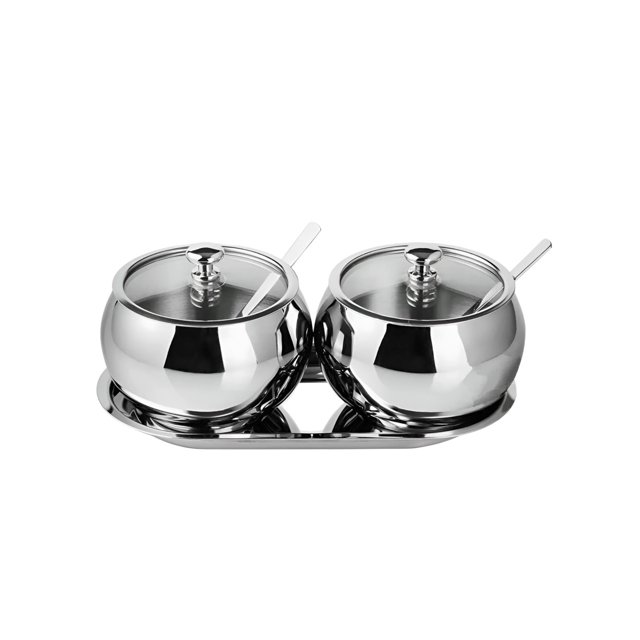 2pcs Azucarero Xtellar color plateado De Acero Inoxidable Con Tapa Cuchara Y Bandeja