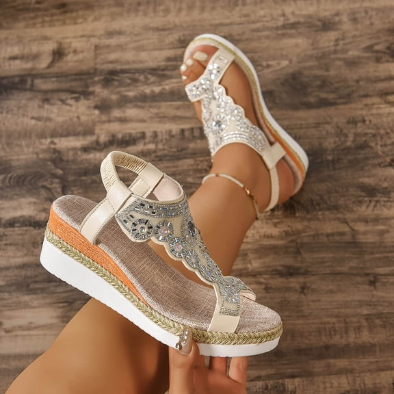 Avrnliq Womens White T-Strap Rhinestone Embellished Wedge Sandals Open Toe Espadrille Platform Comfort Slip On Elastic Ankle Strap Casual Dress Summer Shoes,Size 36
