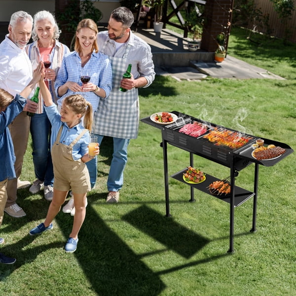 Portable 2-in-1 Charcoal Grill, Foldable Kabob BBQ with Pan & Grill, Adjustable Height, Storage Trays for Camping/Picnics/Backyard