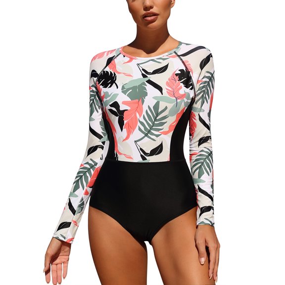 BeautyIn Womens Long Sleeve Rash Guard One Piece Swimsuit Floral Zip Up Swimwear