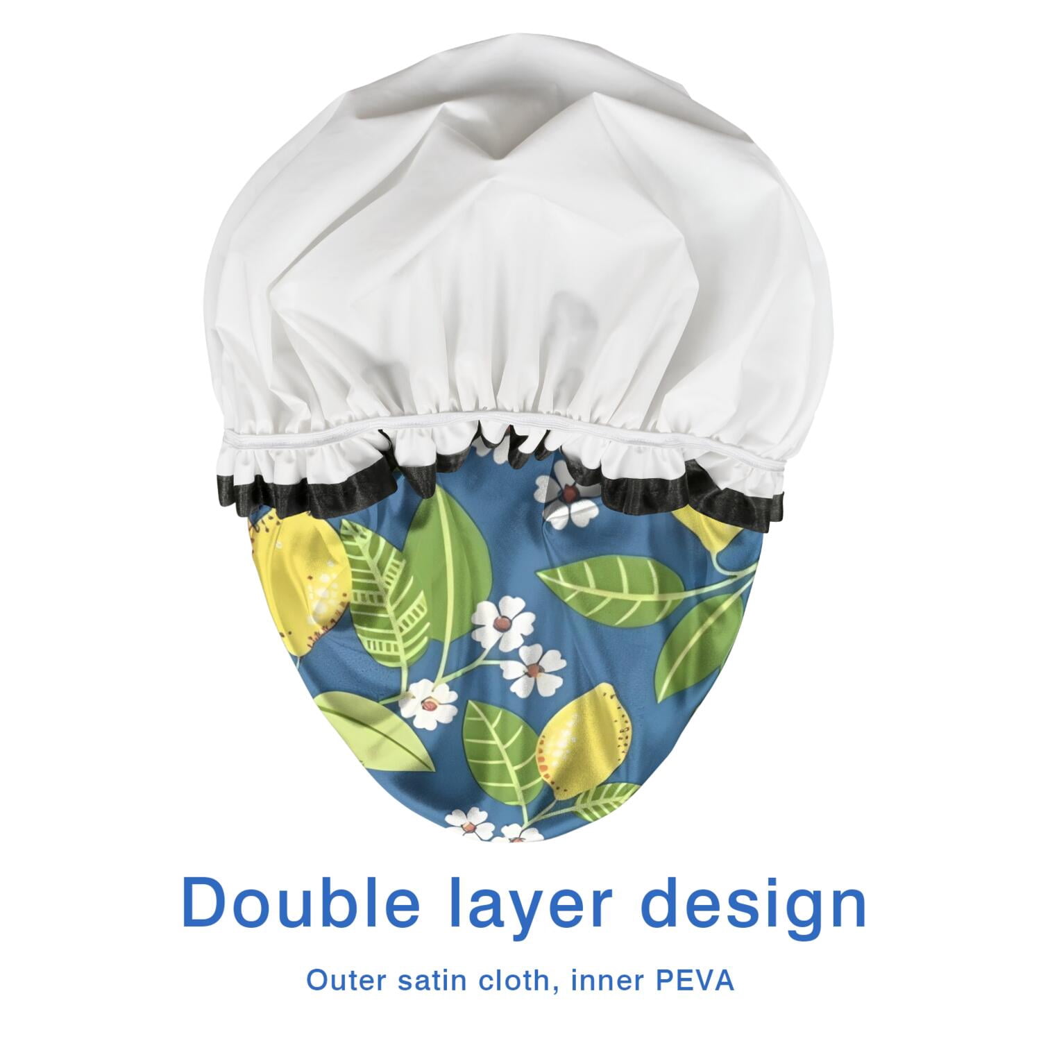 Shower Caps,Yellow Lemon Fruit Flowers Blue Pattern Waterproof Shower Cap for Women 4 Pieces,Double Reusable Hair Cover for Shower PEVA Elastic Stretch Hem