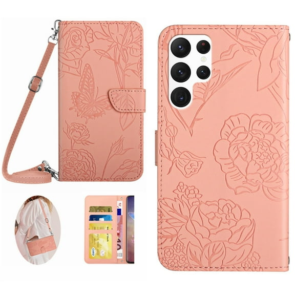 Decase Samsung Galaxy S22 Ultra Wallet Case, Slim 3D Butterfly Flower Embossed Pattern Adjustable Shoulder Strap Folding Kickstand Cards Slots Wallet Case Cover for Samsung Galaxy S22 Ultra,Pink