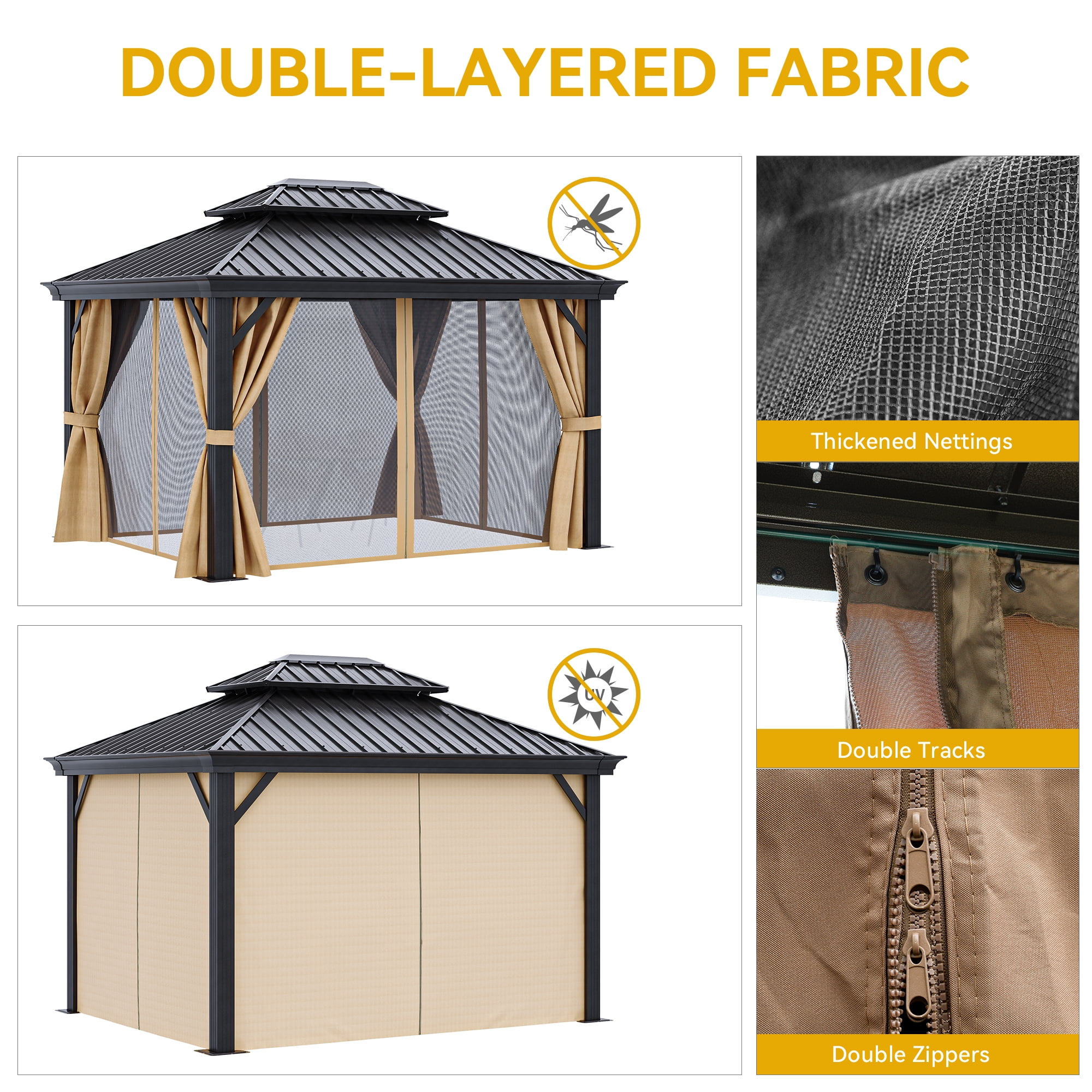 Dextrus 10x12ft Hardtop Gazebo with Nettings and Curtains, Heavy Duty Galvanized Steel Outdoor Vertical Stripes Roof for Patio, Backyard, Deck, Lawns, Brown