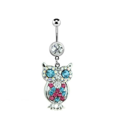 Gem Sparkle Belly Ring - Owl Belly Button Ring 14G with Clear, Pink, and Blue Cz Gems