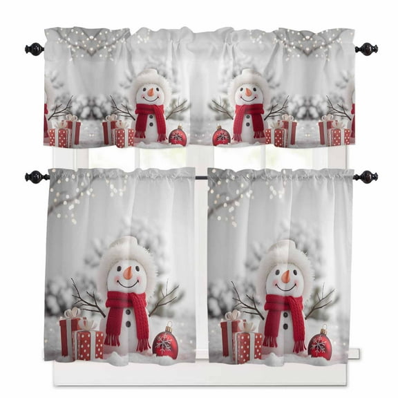 Christmas Snowman Kitchen Curtains and Valances Set, White Snowman Scarf Hat Box Snow Scene Rod Pocket Window Valance Window Curtain Panels for Living Room Bedroom Laundry, 27.5x36in, 3 Pieces