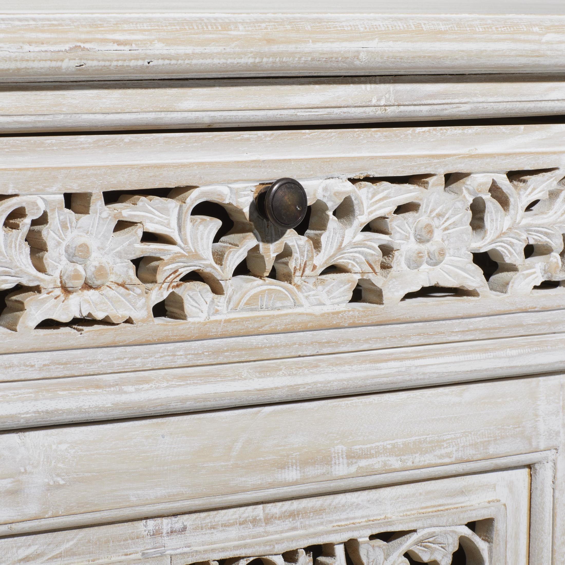 DecMode 39" x 32" White Wood Intricately Carved 2 Door and 2 Drawer Floral Cabinet, 1-Piece