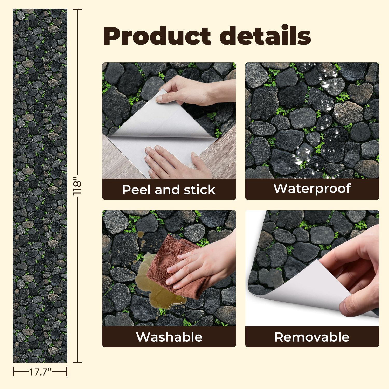 Peel and Stick Wallpaper Moss Clovers Growing Between Stones Vintage Wall Mural 17.7in x 9.8ft Self Adhesive Removable Wall Paper Renter Friendly Wallpaper for Bedroom Livingroom Office Studio