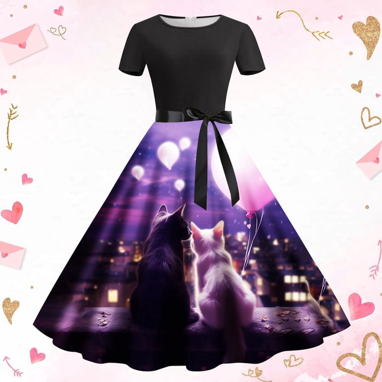 sequin cat dress Wxolcjlv Sequin Dress For Women Womens Fashion Valentines Day Cat Print  Round Neck Short Sleeve Retro Casual Dress One Plus Size Dresses For Curvy  Woman