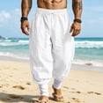 thumbnail image 2 of Mens Linen Pants Drawstring Elastic Waist Tapered Leg Pants Casual Breathable Summer Vacation Beach Trousers with Pockets, S, 2 of 9