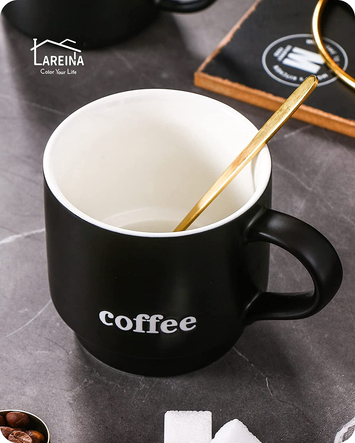 Lareina Porcelain Stackable Coffee Mug Set With Stand Rack and Spoons, 15 Ounce Cappuccino Cup Set of 4 for Specialty Coffee Drinks and Tea - Black