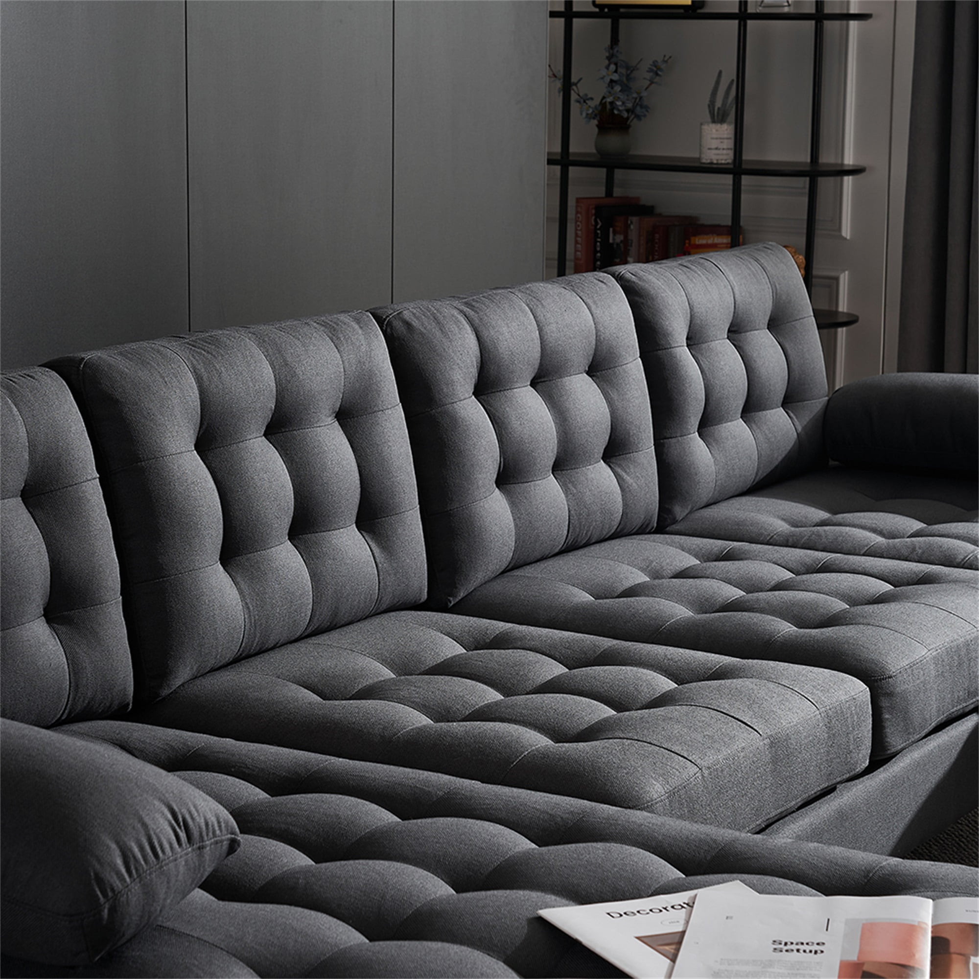 Resenkos Living Room Sofa Set with Soft-Covered Armrest Backrest Seat, U-shaped Sectional Couch in Dark Gray