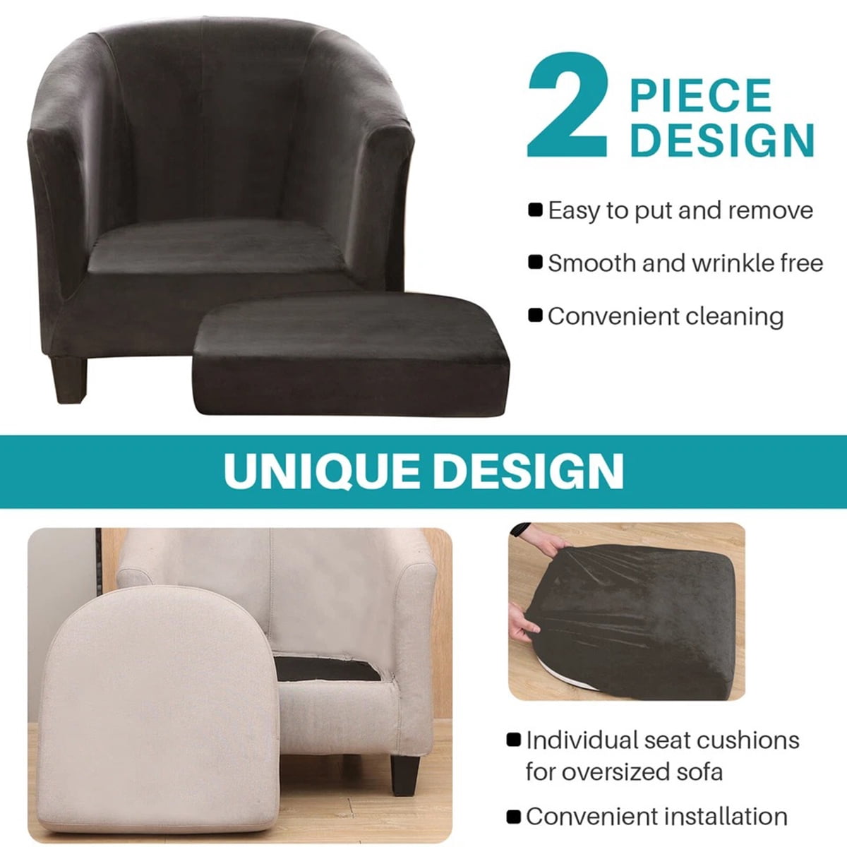 Eurhowing Stretchable Tub Chair Slipcover, 2-Piece Velvet Soft Armchair Cover with Cushion Cover, Elastic Fit Club Chair Sofa Couch Slipcover, 1-Pack, Grey