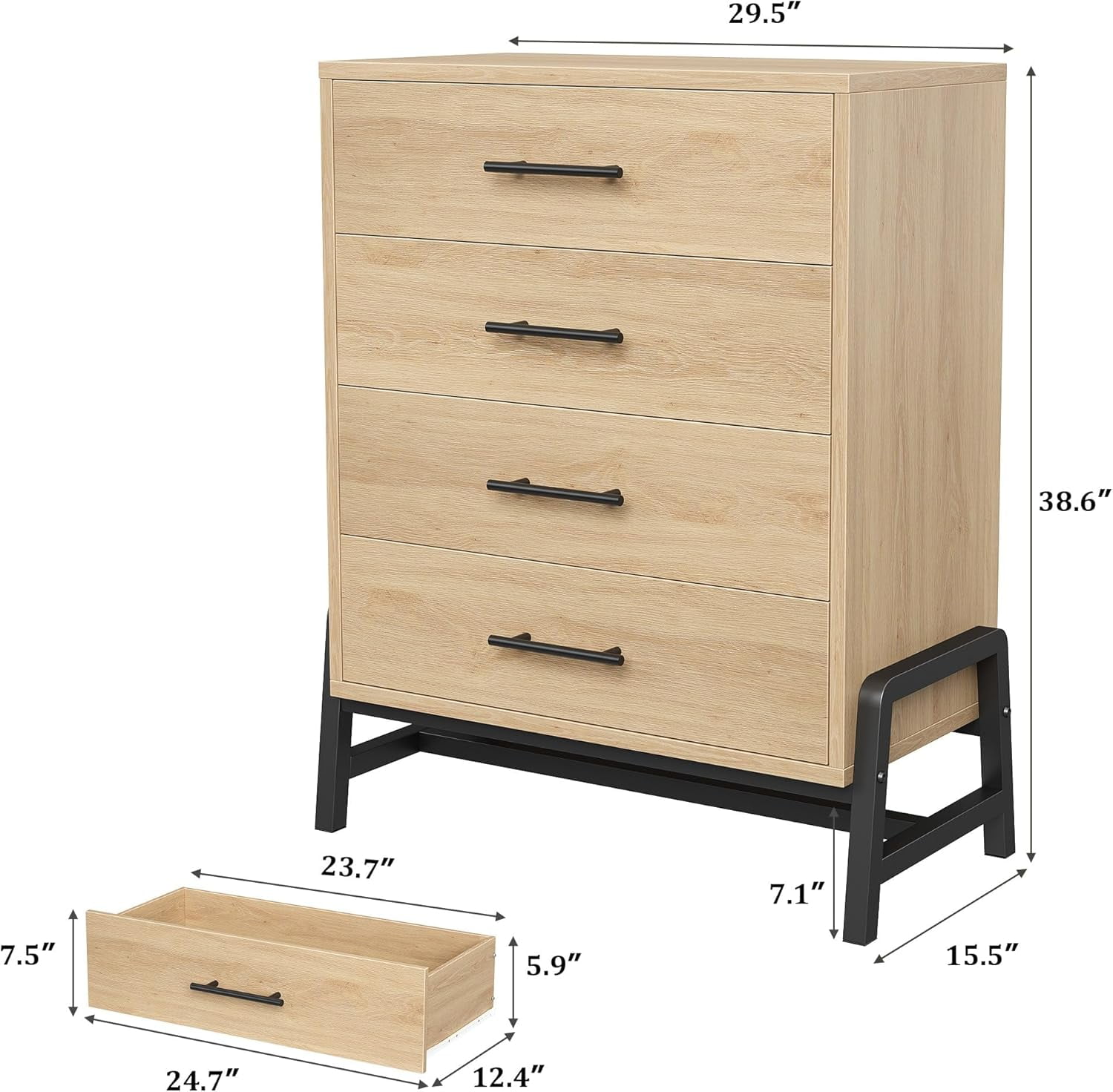 Hetoy 4 Dresser for Bedroom, 38.6" Tall Dresser, Tall Drawer Dresser with Storage Freestanding, Wooden Closet Dresser Storage Dresser Chest for Living Room, Bedroom, Entryway, Natural Oak
