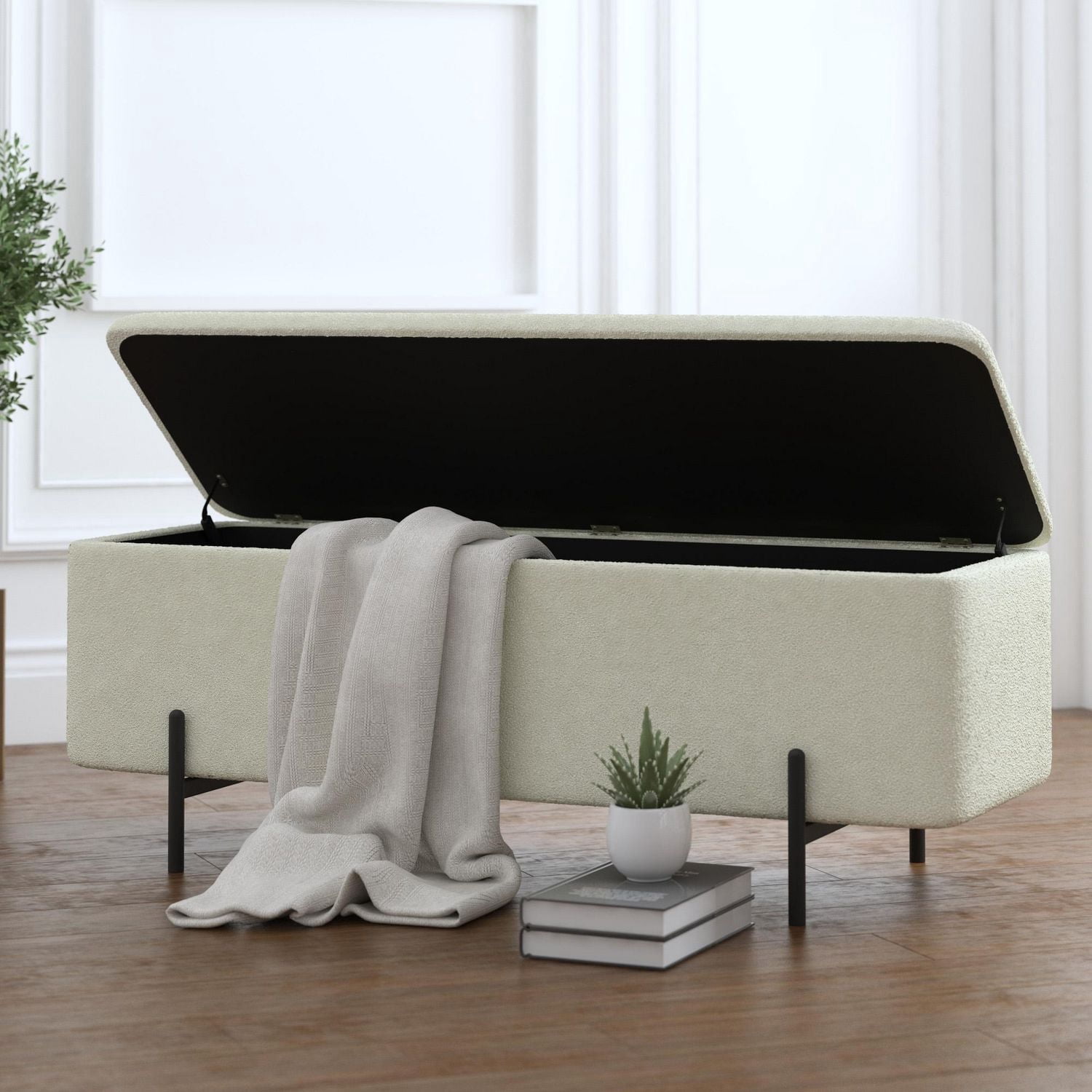 Modern Fabric & Metal Storage Ottoman Bench - White & Black