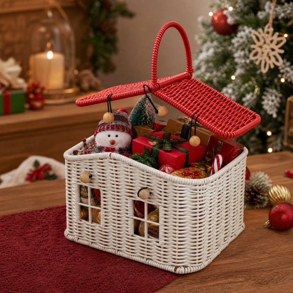Miwamany House Shaped Woven Storage Basket, Red White Handheld Decorative Organizer with Handle, Christmas Holiday Desktop Tabletop Counter Storage