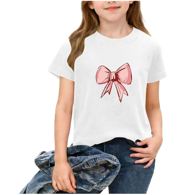 Haut Décontracté d'Été pour Fille, Col Rond, Couleur Unie Classique, Manches Courtes, avec Nœud, Mode