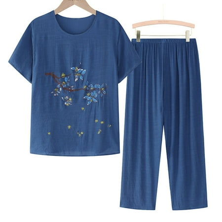 

Summer Savings HJCOMMED Women s 2 Piece Outfits Women Casual Floral Printed Round Neck Short Sleeve Pullover Top And Loose Elasticated Long Wide Leg Trousers Set Comfortable Home Wear Pajamas Blue