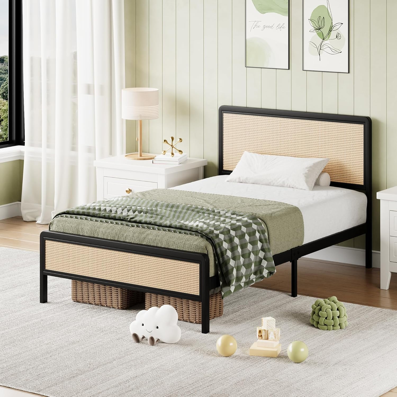 4 EVER WINNER Twin Size Bed Frame, Rattan Bed Frame with Natural Rattan Headboard and Footboard, No Box Spring Needed, Black
