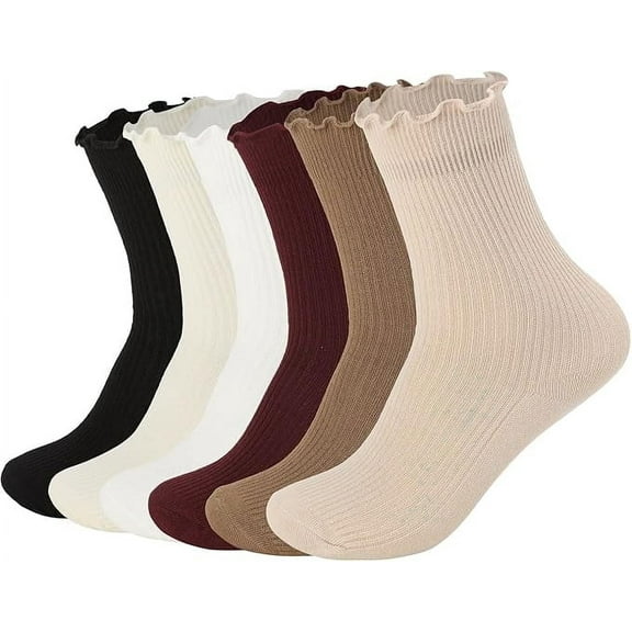 Women's Ruffle Socks,Casual Cute Ankle Socks Breathable Knit Cotton Soft Frilly Crew Socks for Women 6 Pack