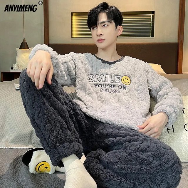 Conjunto de pijama de talla grande para hombre, ropa de dormir de terciopelo grueso, Coral, de ocio, deportiva, termal, gordito, para niño, invierno, L-5XL