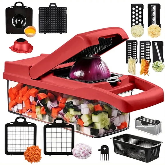 Vegetable Chopper,12-in-1 Multifunctional Food Chopper,Professional Onion Chopper with 7 Blades,Vegetable Cutter with Container for Salad,Potato,Carrot,and Garlic; Essential Kitchen Tool(Red)