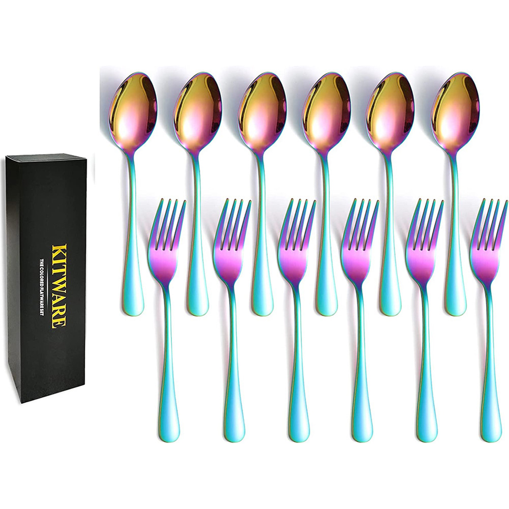 12 Pieces Rainbow Forks And Spoons Set For 6, Stainless Steel Flatware