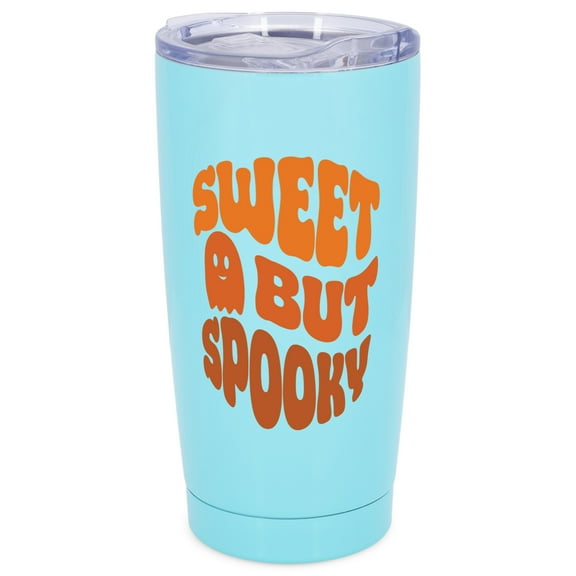 Elanze Designs Sweet But Spooky Ghost Halloween Wrap-Around Design 20 Ounce Stainless Steel On-The-Go Coffee Mug, Thermal Travel Tumbler with Leak Resistant Slide Lid, Sky Blue