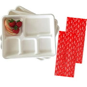 Compostable Paper 5 Compartment School Lunch Trays - Retro Style Paper and Paper Drinking Straws - 24 Trays and 50 Straws