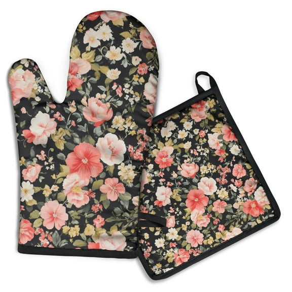Pioneer Flower Kitchen Oven Mitt and Pot Holder Sets 2 Pcs for Baking, Cooking and Grilling, Heat Resistant Up To 392 °F