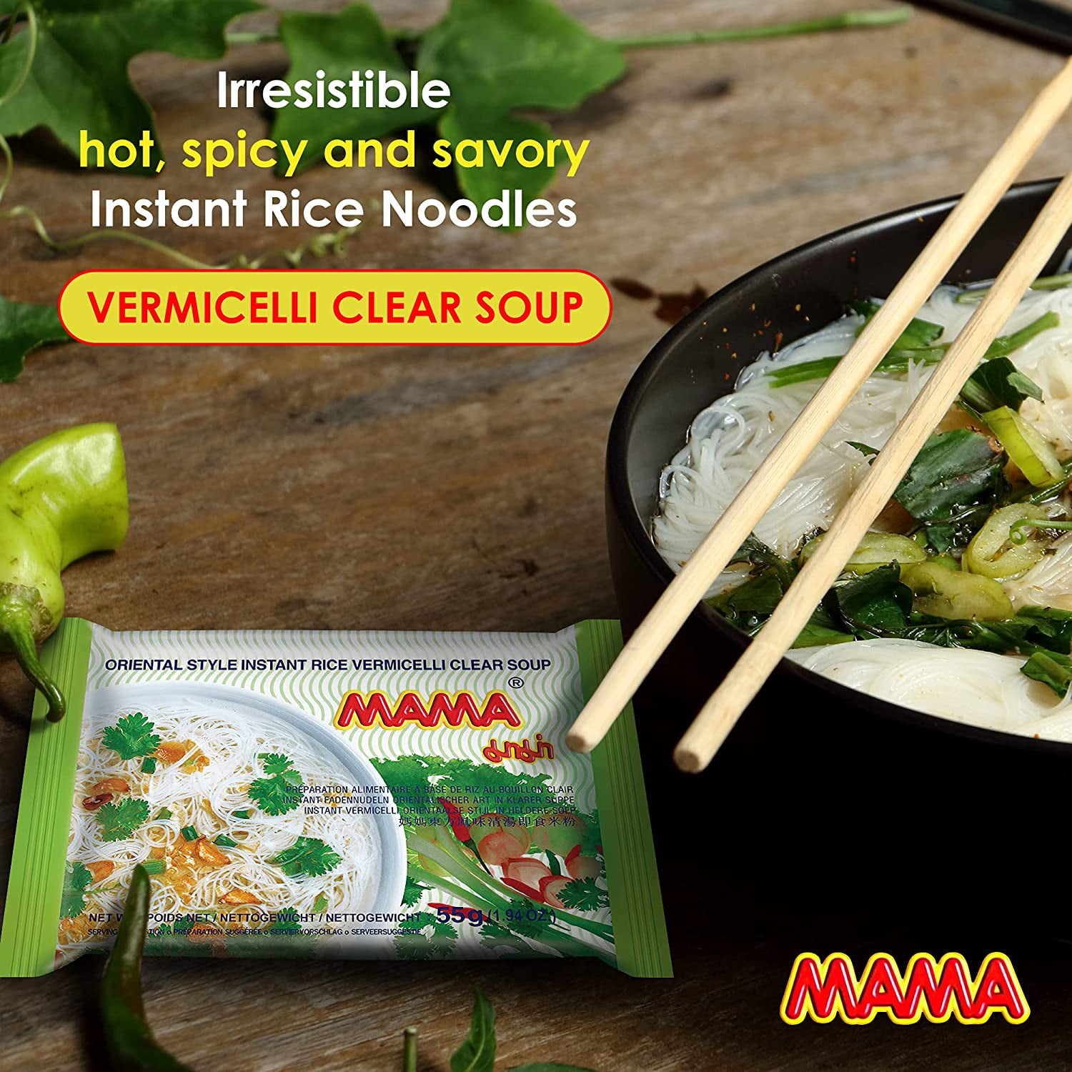 MAMA Oriental Style Instant (Rice Vermicelli Clear Soup)(Pack of 30 , one case) plus NineChef Brand Spoon